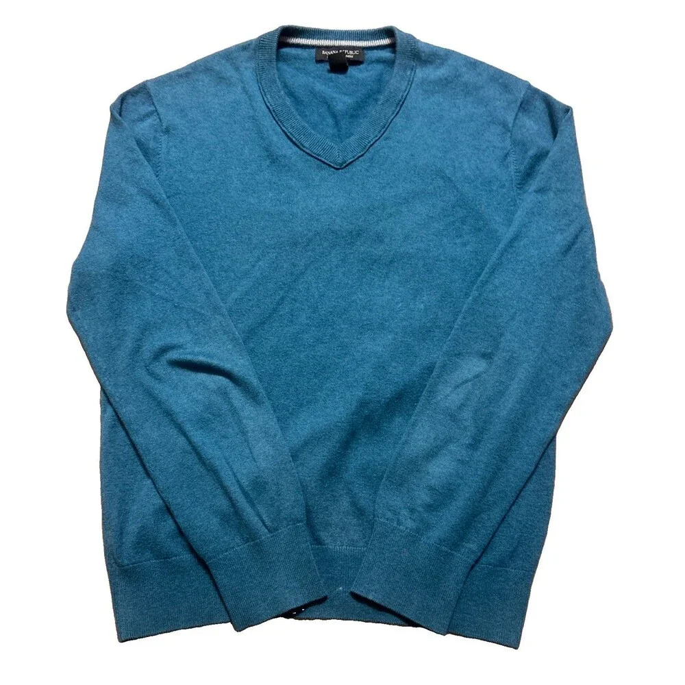 Banana Republic Men Sz M Sweater Blue Teal Cotton Cashmere V-Neck Pullover Soft